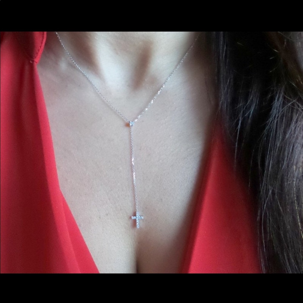 Diamond Cross Lariat Necklace 18in 14K Gold
